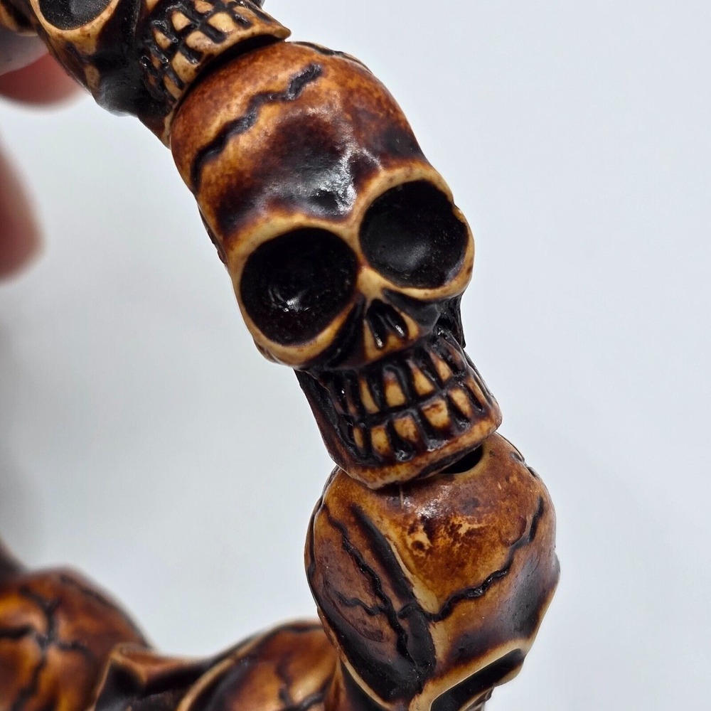 Skull Bead Bracelet Brown Resin Carved Stretch Goth Punk Biker Halloween‎ - Picture 3 of 8
